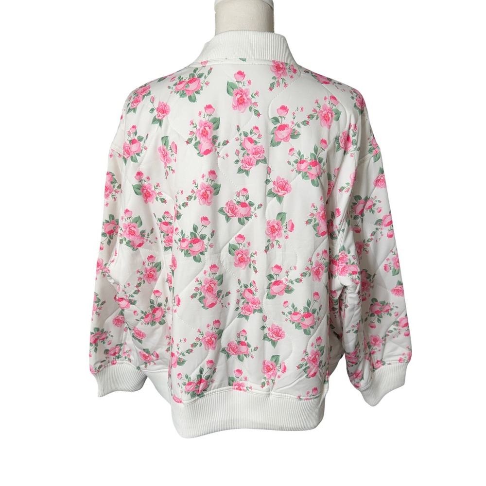 Mainstrip Women's Quilted Floral Bomber Jacket Pink Rose Snap Front White Size M - Picture 5 of 11